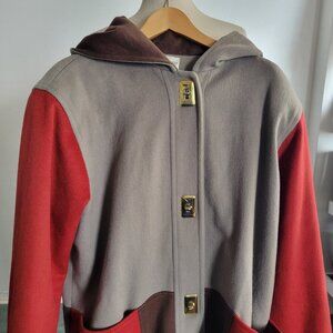 Rare FORSTMANN Autumn Tri-Color Hooded Wool Blend Coat w/Brass Closure (Size: M)